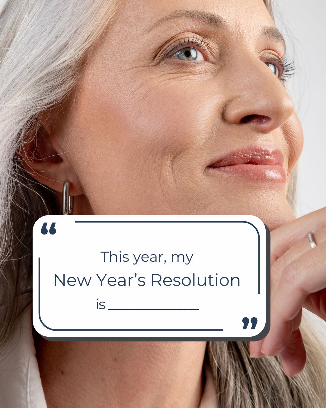 Close up of a smiling mature woman with glossy lips and a speech bubble prompting New Year’s resolutions.