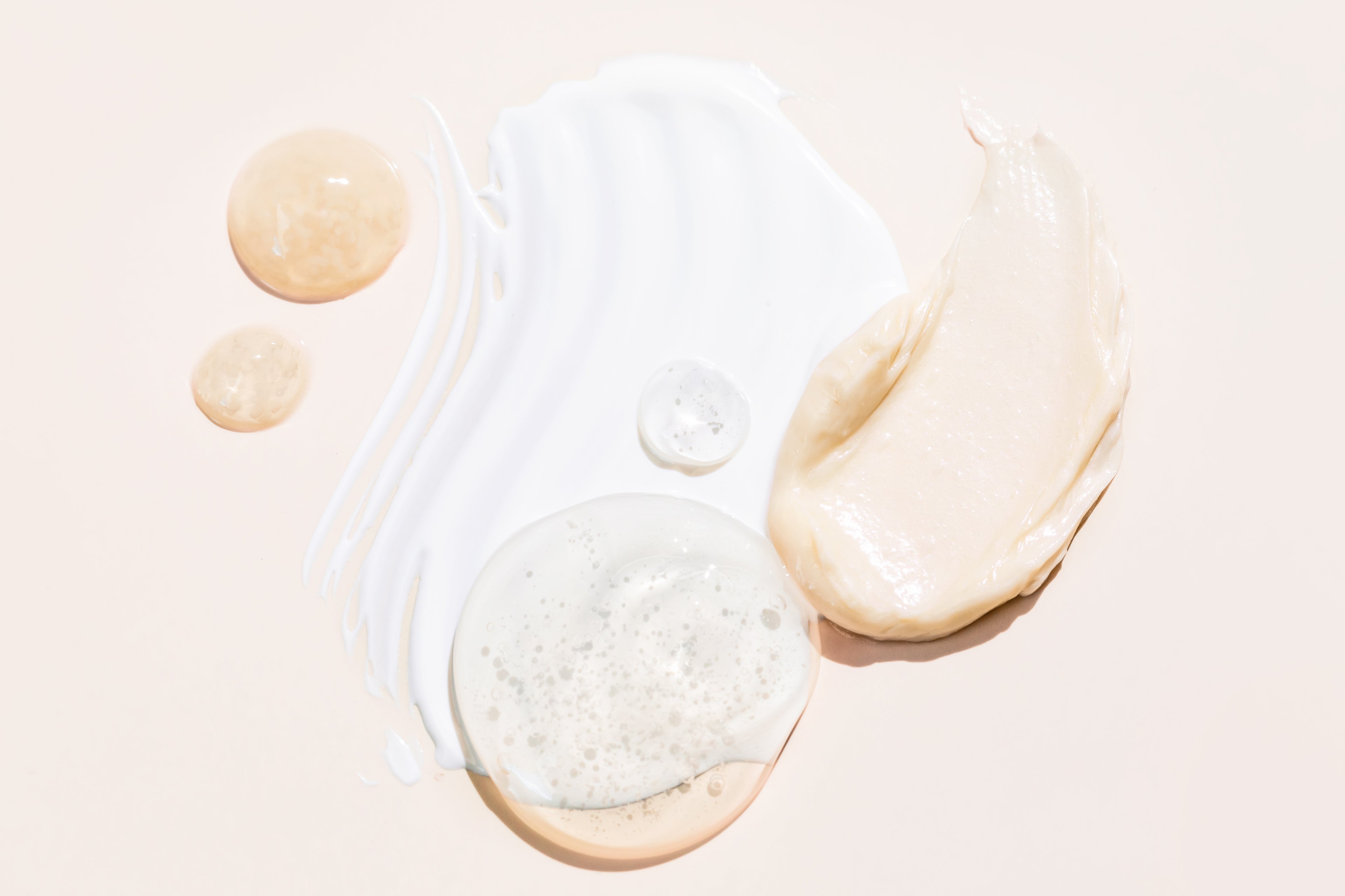 ingredient swatches of ceretin, hydroglow, rescue, and sea fresh against off-white background