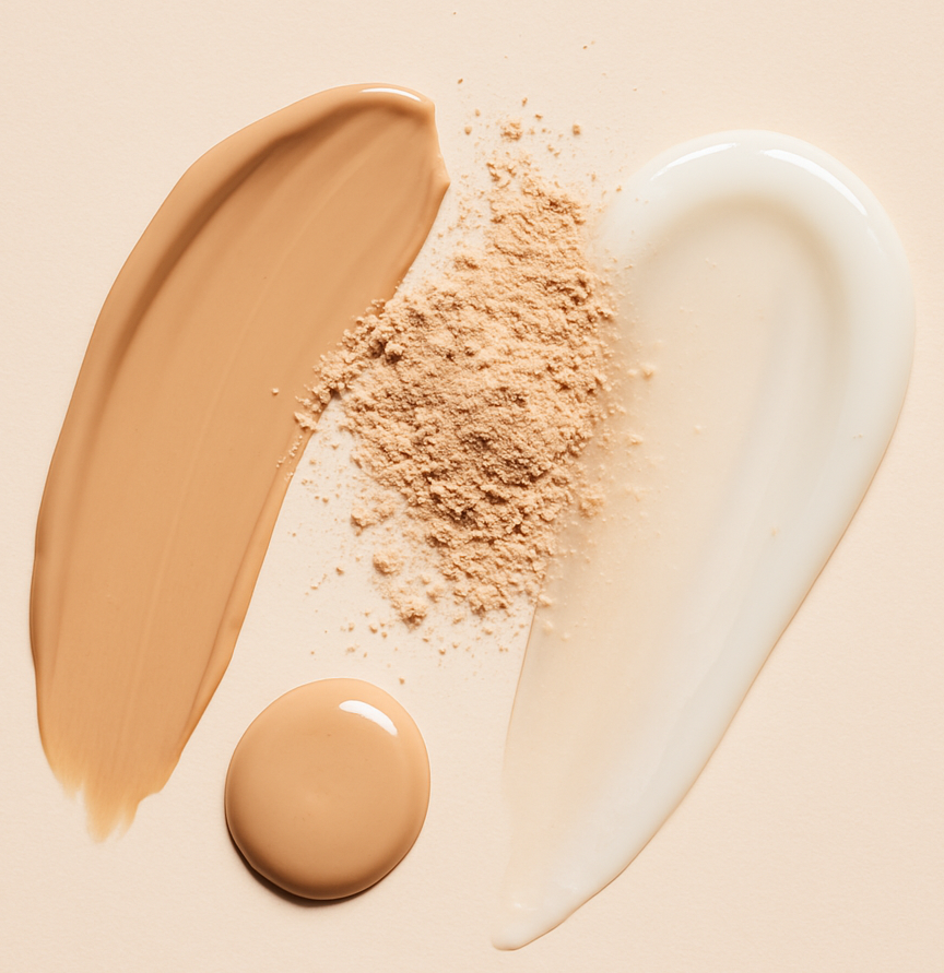 Product Swatches of liquid foundation, powdered foundation, and skincare cream against light beige background. 