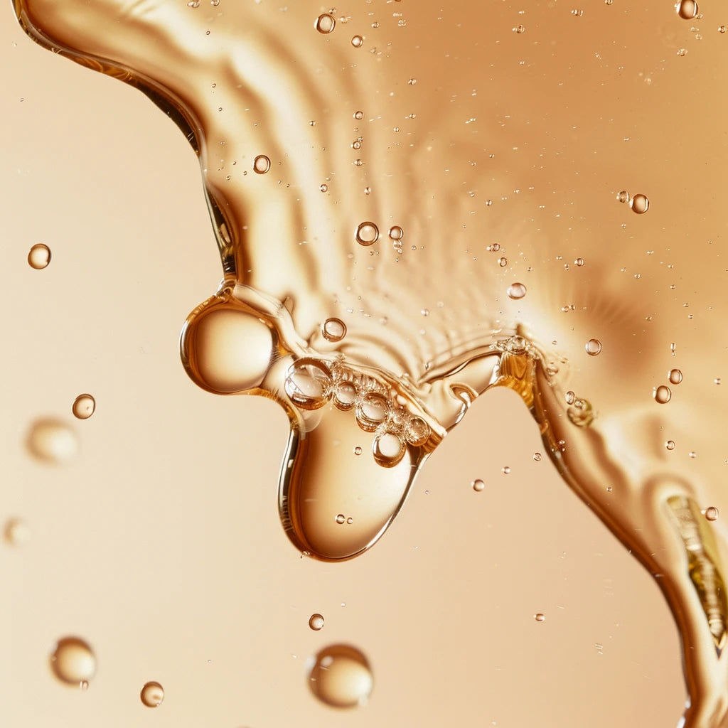 Macro shot of energy complex, a golden brown liquid consisting of Green Tea, Ginseng, and Vitamin E