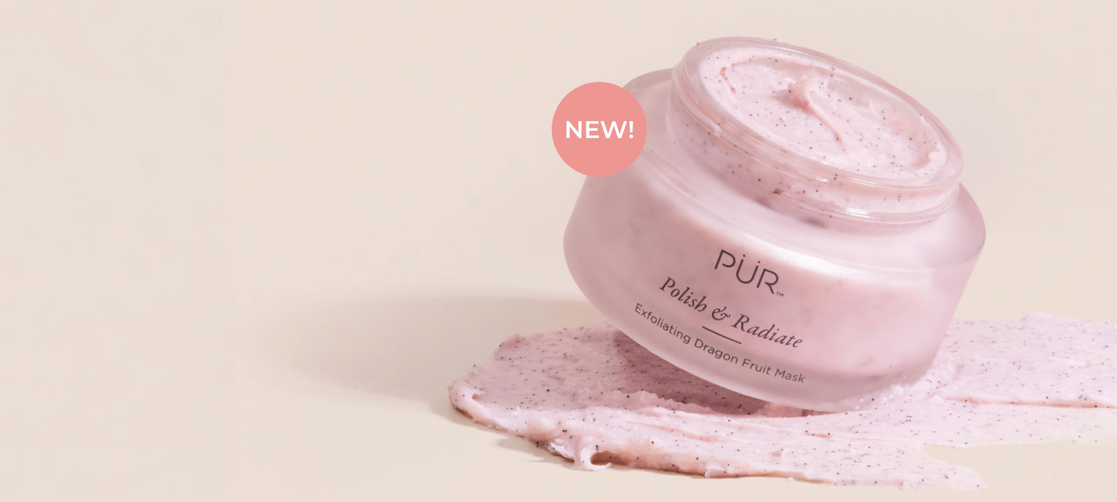 Polish & Radiate Exfoliating Dragon Fruit Mask - Free Spa Headband: Silo sitting in product with new badge against cream background (desktop)