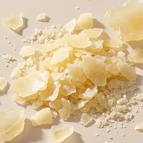 Key Ingredients - Carnauba Wax: Wax shavings on pink background