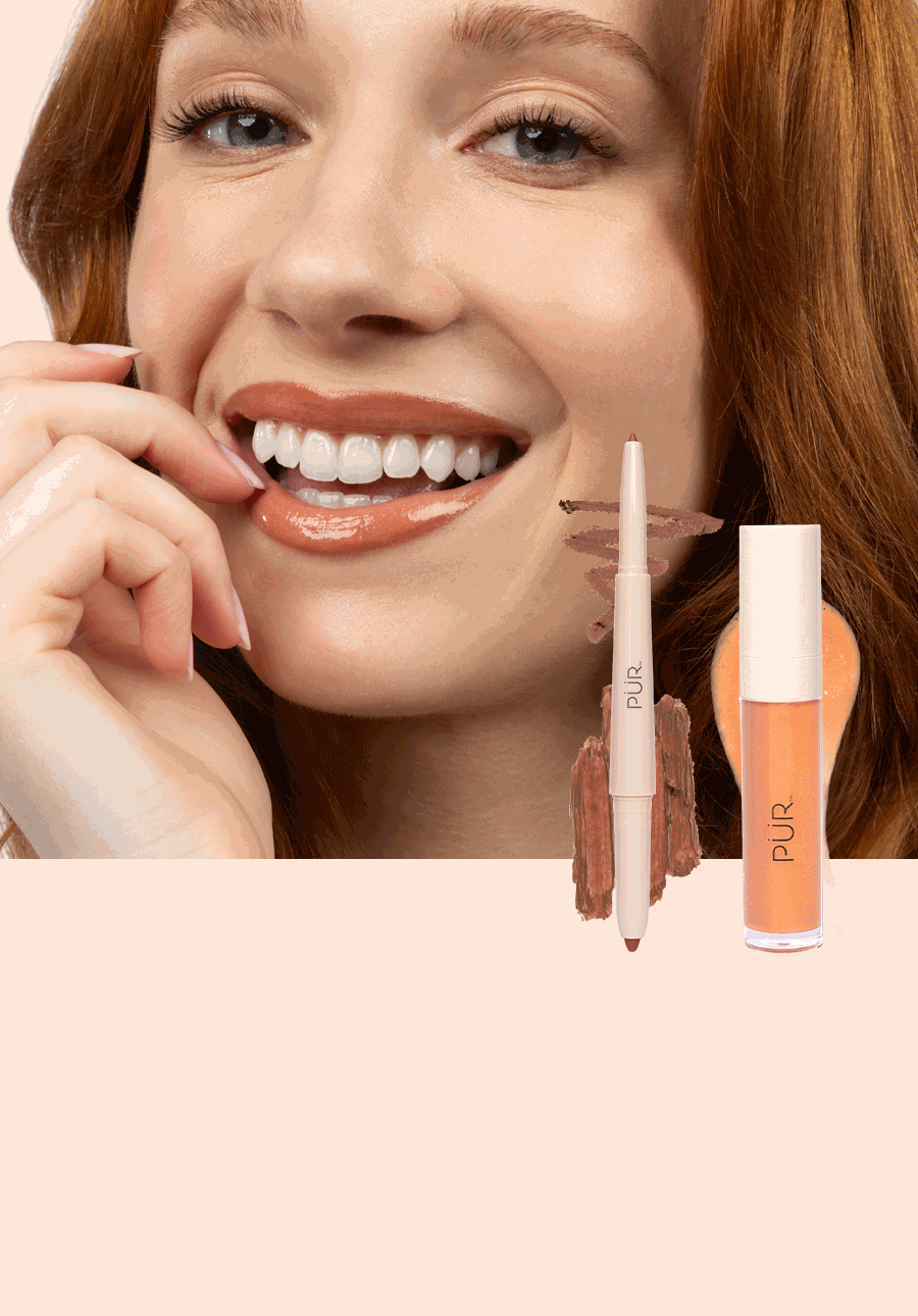 Perfect Lip Bundle - 25% Off: Woman smiling with alternating lip products above cream background (mobile)