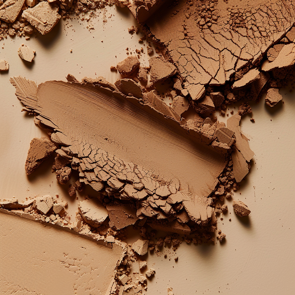 PUR Crumbled brown makeup powder on a beige background