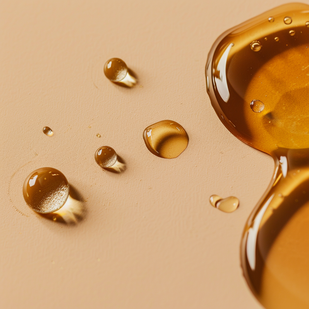 Vitamin E ingredient in a dark golden orange color against a beige background.  