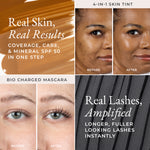 Before-and-after results showing coverage from 4-in-1 Skin Tint SPF 50 and lash volume from Bio Charged Mascara Mini — real skin and lash transformation results with PÜR Skin First Essentials Kit.