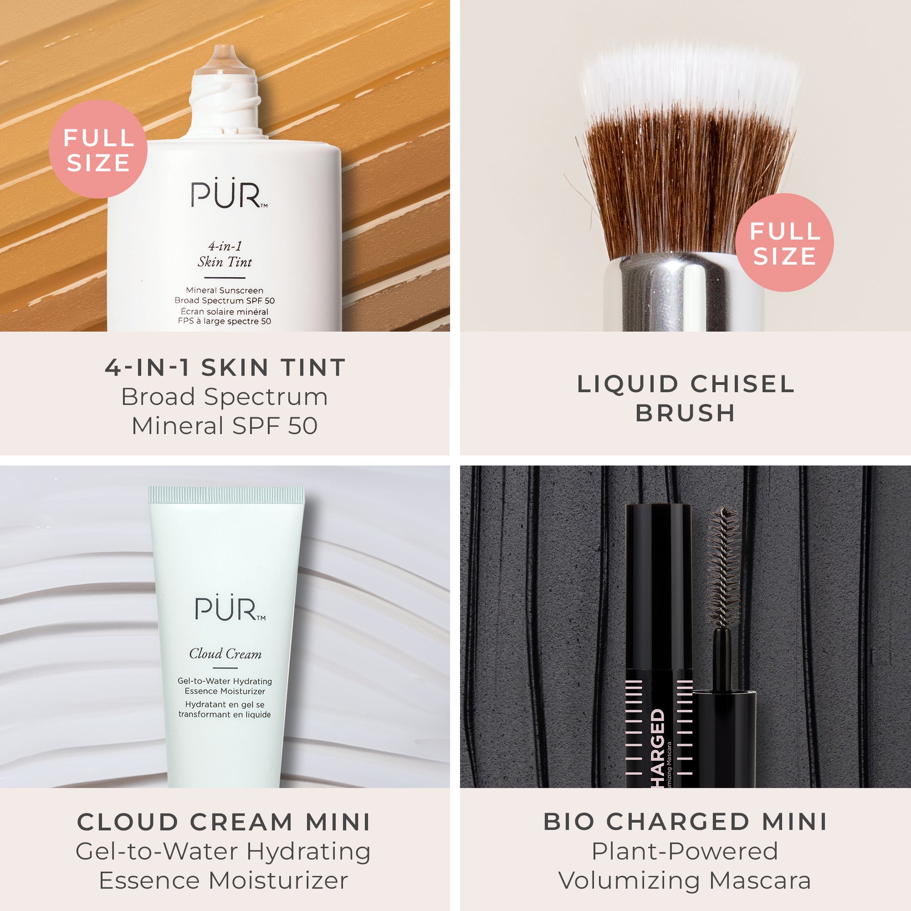 PÜR Skin First Essentials Kit featuring 4-in-1 Skin Tint SPF 50, Cloud Cream Mini, Bio Charged Mascara Mini, and Liquid Chisel Brush — clean, multitasking essentials for flawless, radiant skin.