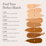 Swatches of 4-in-1 Skin Tint SPF 50 in eight shades — LN2, LG3, MN3, MN4, TN2, TN7, DP3, DG6 — with undertone labels to help find your perfect match.