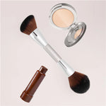 2-in-1 Foundation & Finishing Brush Floating with 4-in-1 Pressed Mineral Makeup and Silky Tint against off-white background
