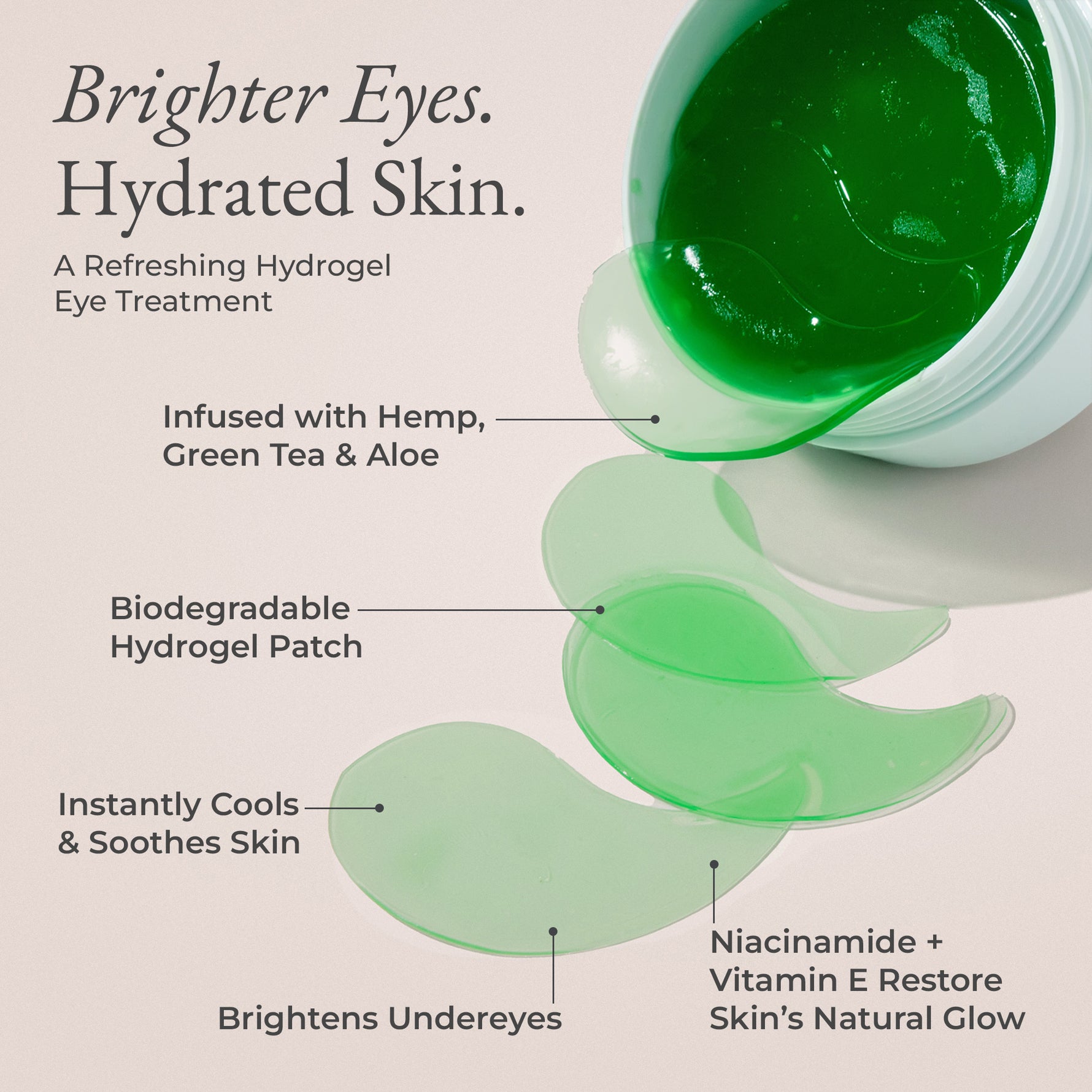 Mellow Eyes hydrogel patches shown beside open jar with callouts highlighting cooling effect, soothing formula, biodegradable hydrogel, and brightening ingredients.